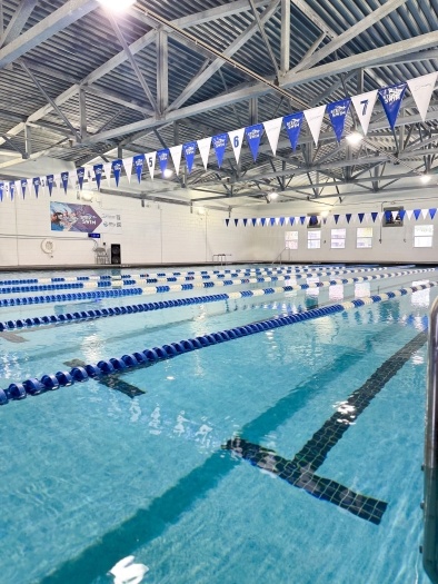  An indoor pool with blue and white lane markers, beneath hanging banners of blue and white flags.