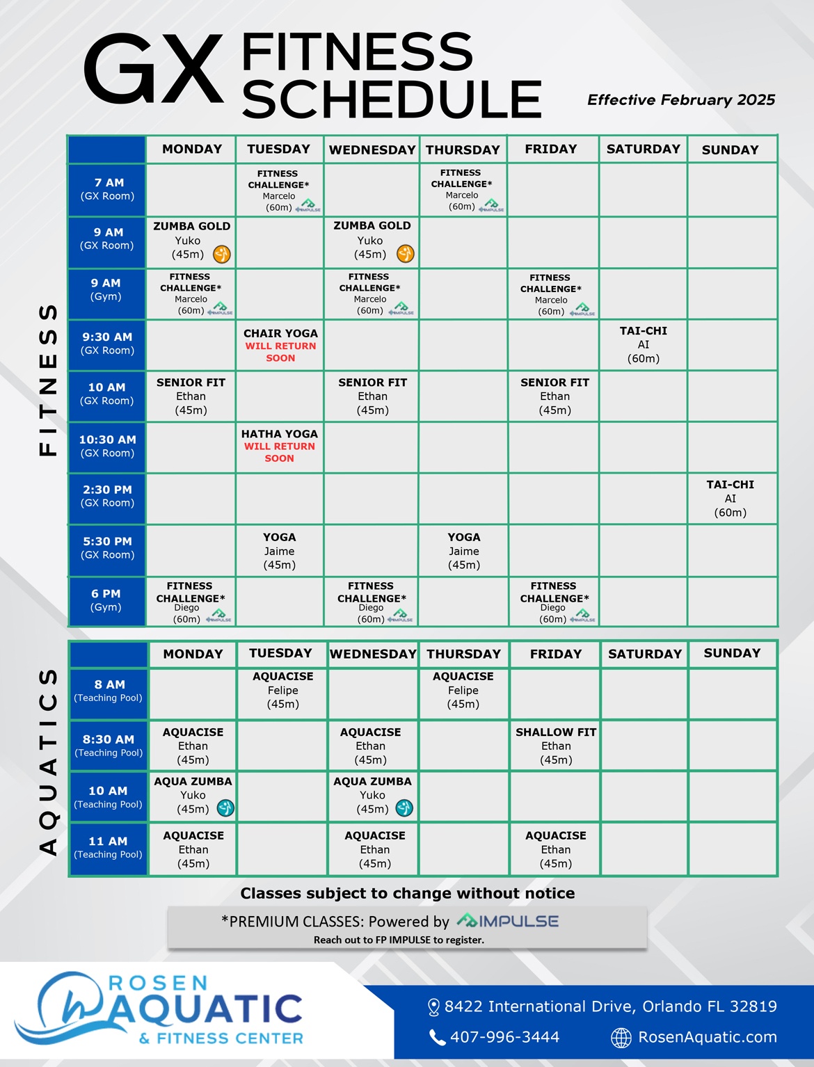 Rosen Aquatic and Fitness Center - Fitness Classes February 2025